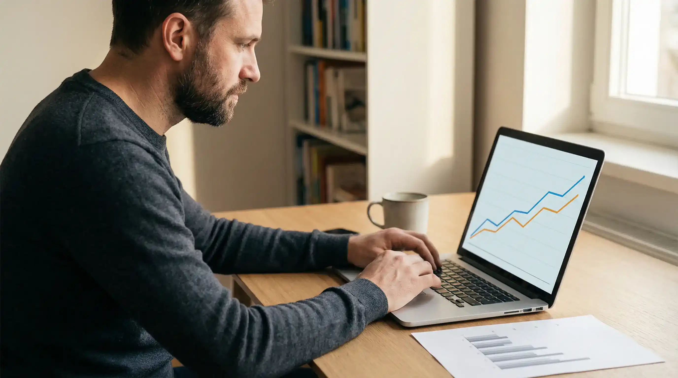 Sportanalyst arbeitet am Laptop mit Liniendiagramm zu xG-Werten von Fußballmannschaften