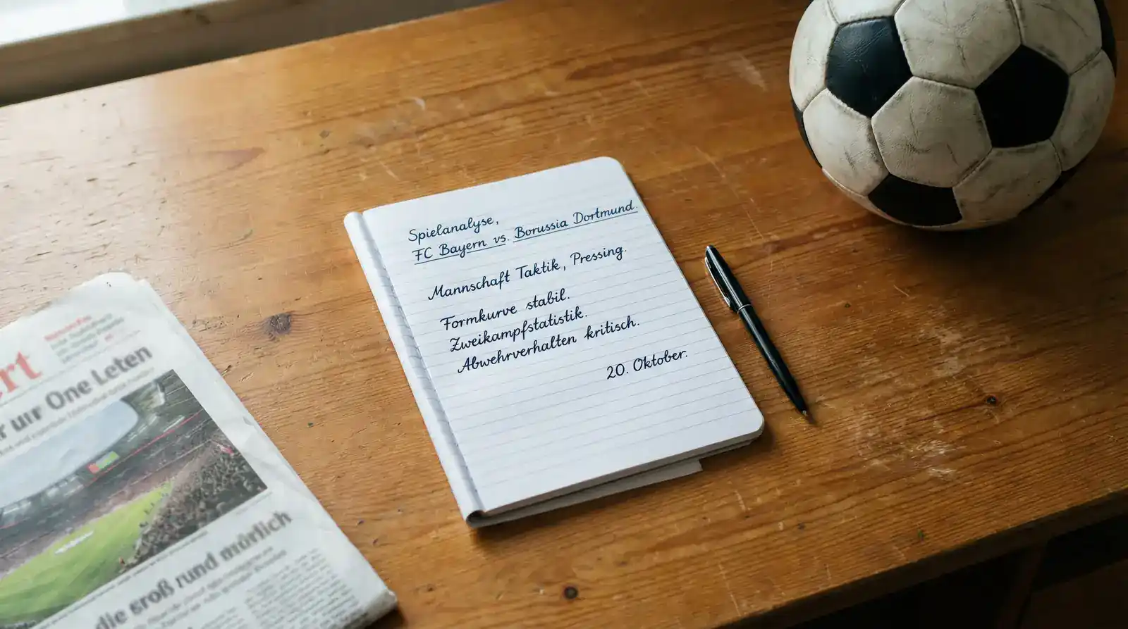 Notizblock mit handschriftlicher Analyse von Wettmärkten neben einem Fußball auf Holzschreibtisch